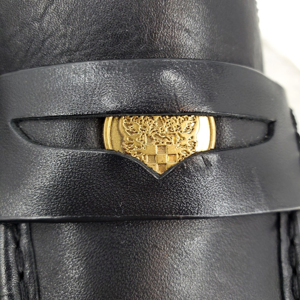 Vince Camuto Erinesa Black Leather Block Heel Penny Loafers Gold Crest Chubky - Picture 5 of 11
